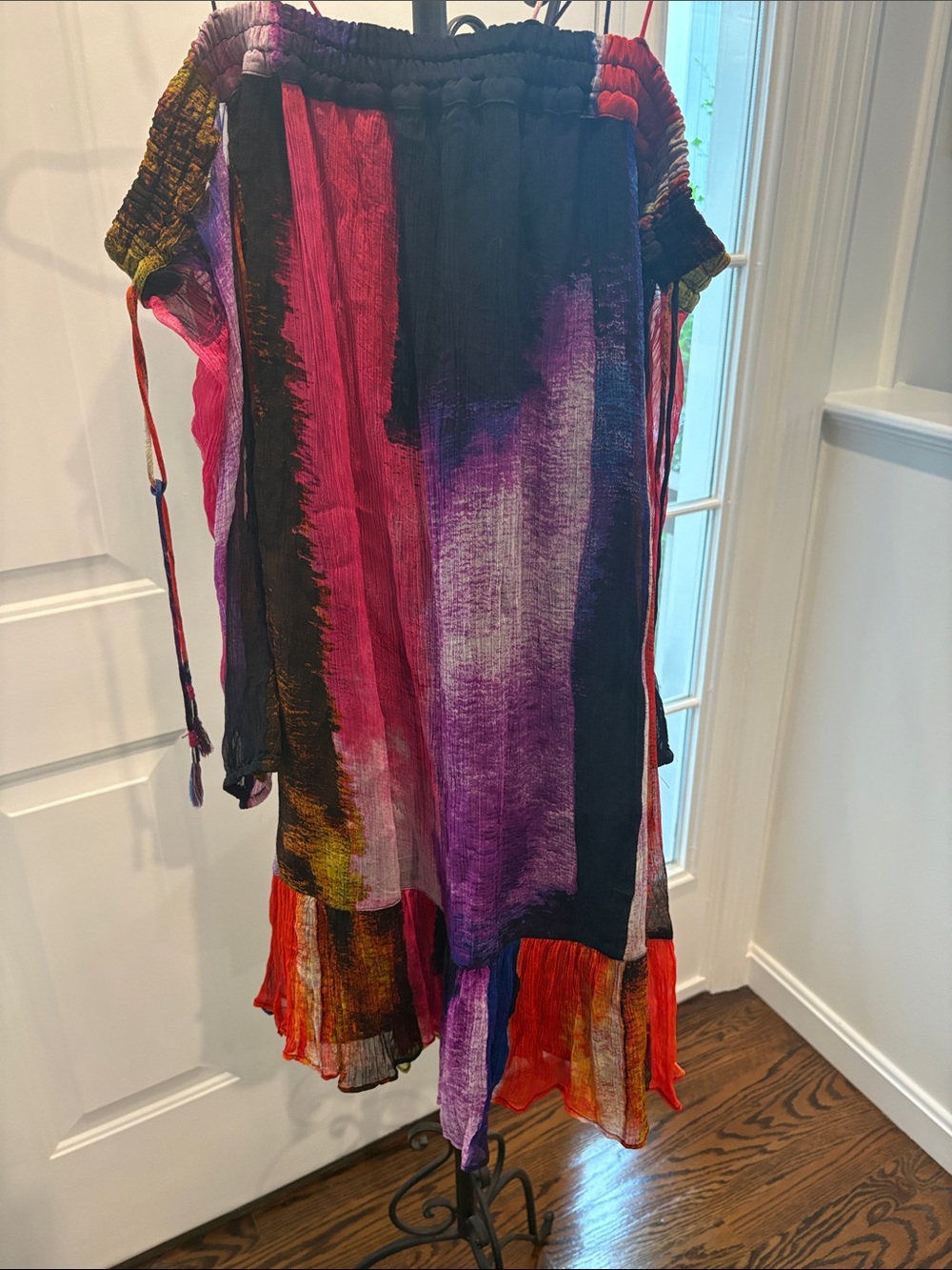 Off-Shoulder High-Low Maxi Dress in Pink, Purple & Black